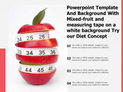 Template with mixed fruit and measuring tape on a white background try our diet concept