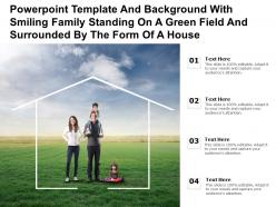 Template with smiling family standing on a green field and surrounded by the form of a house