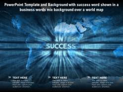 Template with success word shown in a business words mix background over a world map