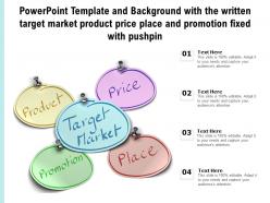 Template with the written target market product price place and promotion fixed with pushpin