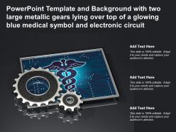 Template with two large metallic gears lying over top of a glowing blue medical symbol electronic circuit