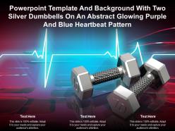 Template with two silver dumbbells on an abstract glowing purple and blue heartbeat pattern
