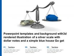 Templates with3d rendered illustration of a silver scale with dollar notes a simple blue house go get