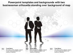 Templates with two businessman silhouette standing over background of map