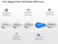 Th five staged arrow text boxes with icons powerpoint template slide