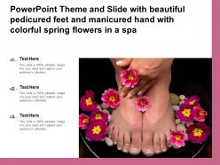 Theme and slide with beautiful pedicured feet and manicured hand with colorful spring flowers in a spa