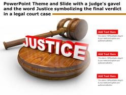 Theme slide with a judges gavel word justice symbolizing final verdict in a legal court case