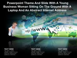 Theme slide with a young business woman sitting on ground with a laptop an abstract internet address