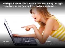 Theme slide with adorable young teenager lying down on the floor with her laptop pointing at it