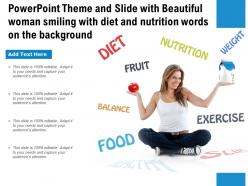 Theme slide with beautiful woman smiling with diet and nutrition words on the background