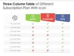 Three column table of different subscription plan with icon