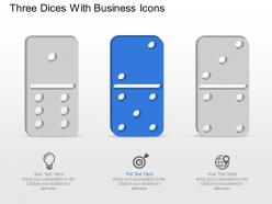 Three dices with business icons powerpoint template slide