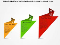 Three folded papers with business and communication icons flat powerpoint design
