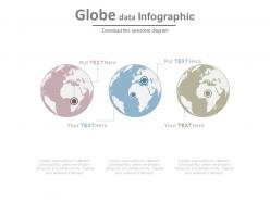 Three globes and location places for data transfer powerpoint slides