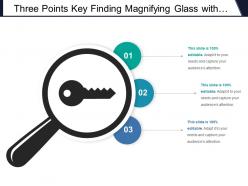 Three points key finding magnifying glass with key icon