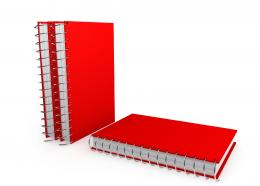 Three red colored notebooks for education stock photo