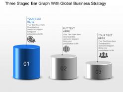 Three staged bar graph with global business strategy powerpoint template slide