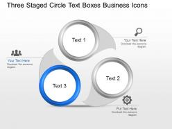 Three staged circle text boxes business icons powerpoint template slide