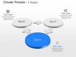 Three staged circular process with icons powerpoint template slide