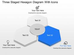 Three staged hexagon diagram with icons powerpoint template slide