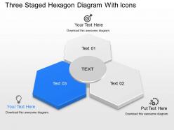 Three staged hexagon diagram with icons powerpoint template slide