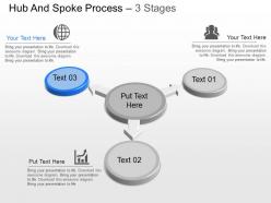 Three staged hub spoke business process diagram powerpoint template slide