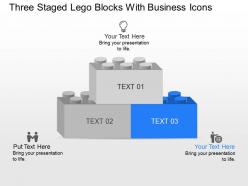 Three staged lego blocks with business icons powerpoint template slide