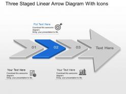 Three staged linear arrow diagram with icons powerpoint template slide