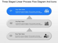 Three staged linear process flow diagram and icons powerpoint template slide