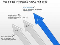 Three staged progressive arrows and icons powerpoint template slide