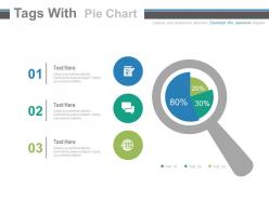 Three staged tags with pie chart and magnifier powerpoint slides
