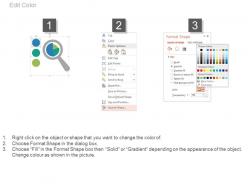 Three staged tags with pie chart and magnifier powerpoint slides
