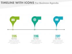 Three staged timeline with icons for business agenda powerpoint slides