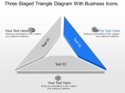 Three staged triangle diagram with business icons powerpoint template slide
