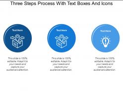 Three steps process with text boxes and icons