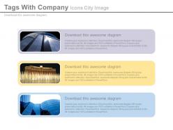 Three tags with company icons city image powerpoint slide