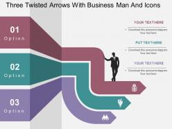 Three twisted arrows with business man and icons flat powerpoint design