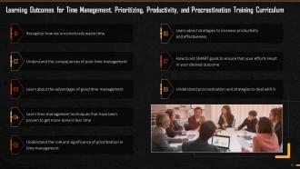Time Management Prioritizing And Productivity Training Curriculum Learning Outcomes Training Ppt