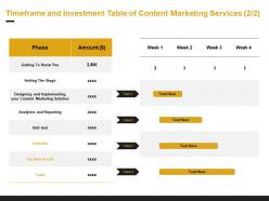 Timeframe and investment table of content marketing services reporting ppt powerpoint presentation layout