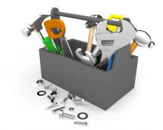 Tool box with hammer wrench spanner with nut bolts kit stock photo