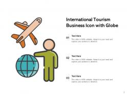 A slide featuring an airplane, a person holding a globe, and editable text placeholders for discussing international tourism