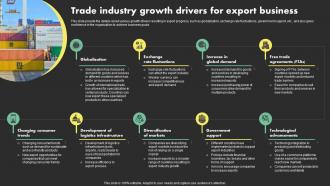 Trade Industry Growth Drivers For Export Business Overseas Sales Business Plan BP SS