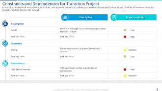 Transition plan constraints and dependencies for transition project