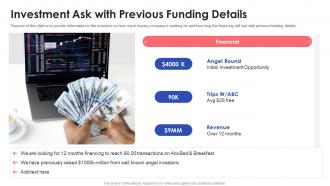 Travelling platform investor pitch deck investment ask with previous funding details