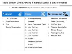 Triple Bottom Line Showing Financial Social And Environmental