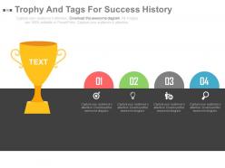 Trophy and tags for success history representation powerpoint slides