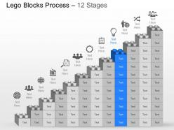 Twelve staged lego blocks bar graph and business icons powerpoint template slide