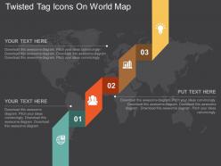 Twisted tag and icons on world map ppt presentation slides