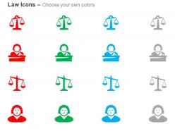 Two balance scale judge prosecuter ppt icons graphics