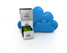 Two blue clouds with one storage box with files stock photo